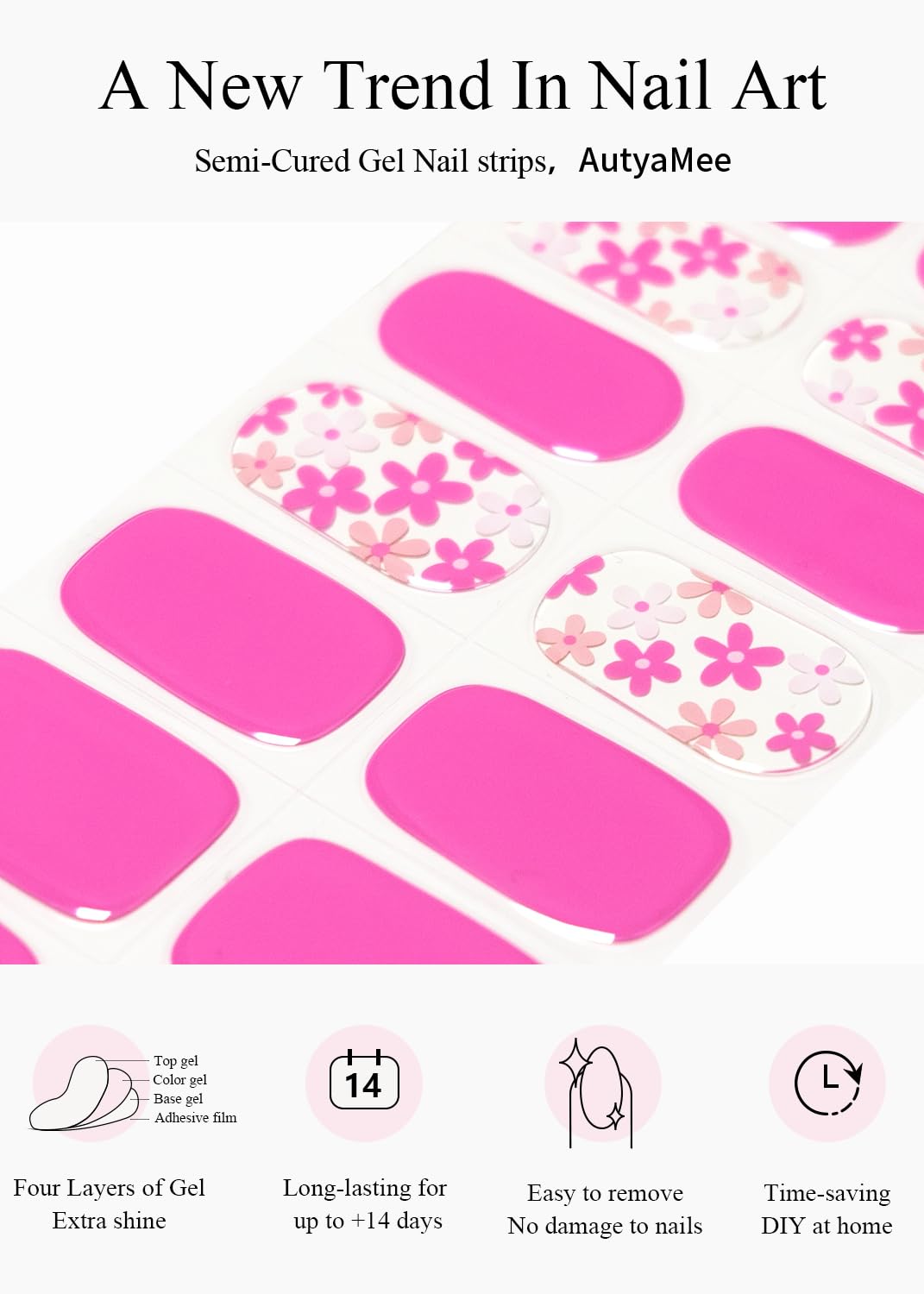 AutyaMee Semi Cured Gel Nail Strips (Hot Pink Flower), 20 Pcs Summer Gel Nail Wraps, Stickers, UV Light Required, Salon Quality, Long Lasting