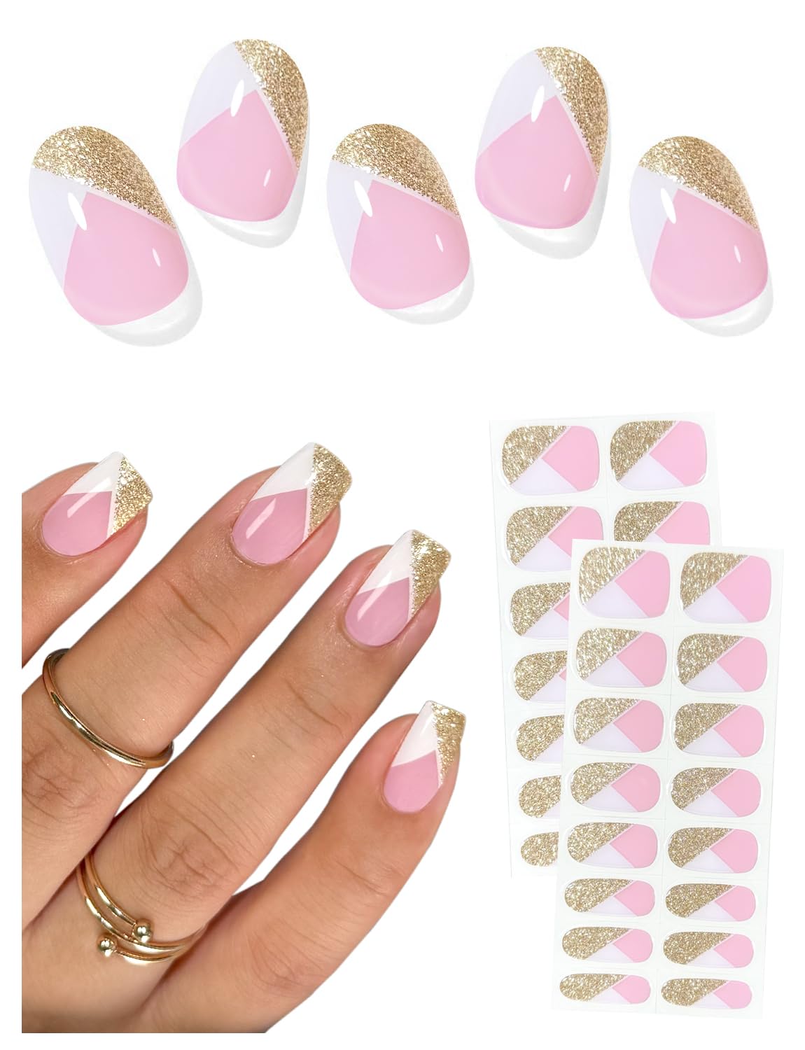 AutyaMee Semi Cured Gel Nail Strips (Gold Glitter French), White, 30 Pcs Gel Nail Wraps, Stickers, UV Light Required