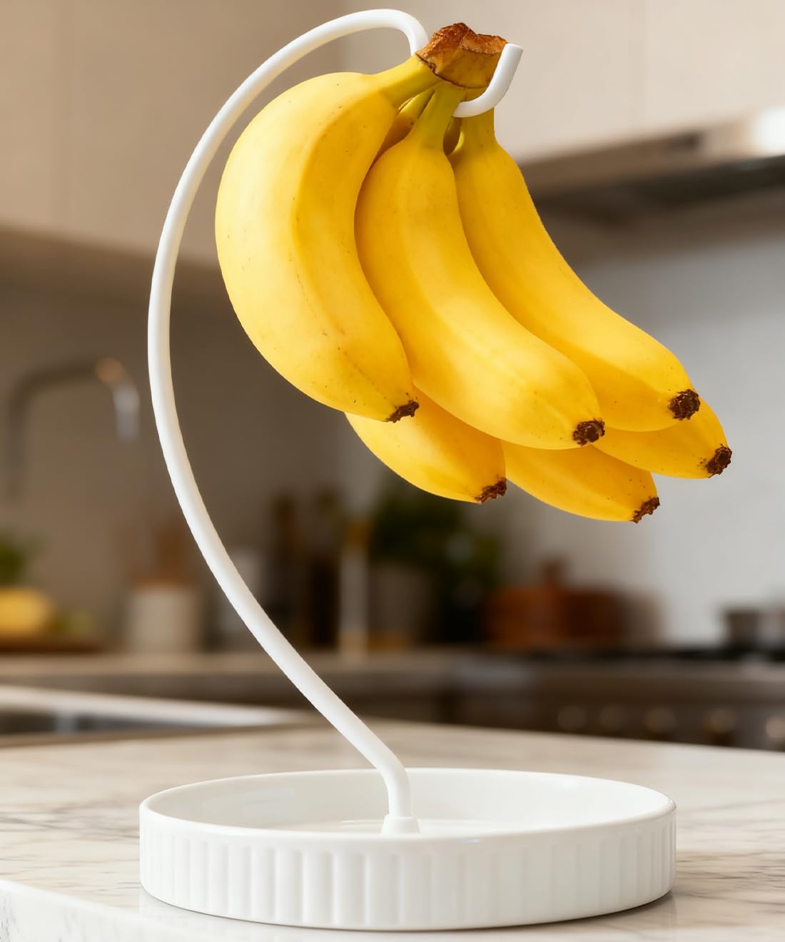VROOMIUM Banana Holder Stand - Taller Design for Better Air Circulation, Ceramic Bowl Easy to Clean, Modern Elegant Gift Home Décor Fruit Basket-White