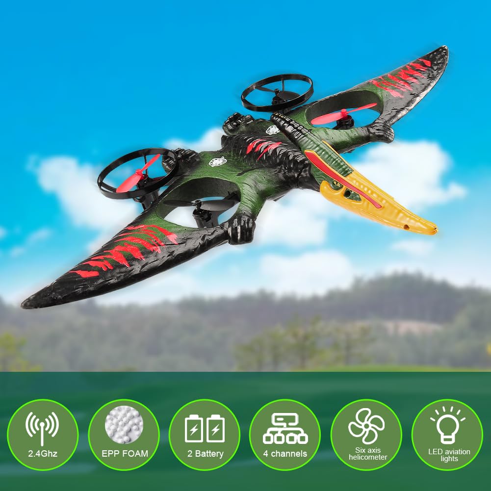 Dinosaur Remote Control Drone, 2.4G EPP Foam RC Pterodactyl Hobby RC Airplanes with 6-Axis Gyro, One Key Takeoff Landing, Stunt Roll & 360 Flip, Fighter Jet Toy Christmas Birthday Gift for Boys Girls
