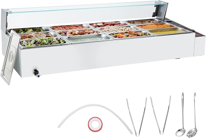 VEVOR 12-Pan Commercial Food Warmer, 12 x 8QT Electric Steam Table with Glass Cover, 3200W Countertop Stainless Steel Buffet Bain Marie w/Thermometer 86-185°F Temp Control for Catering, Restaurants