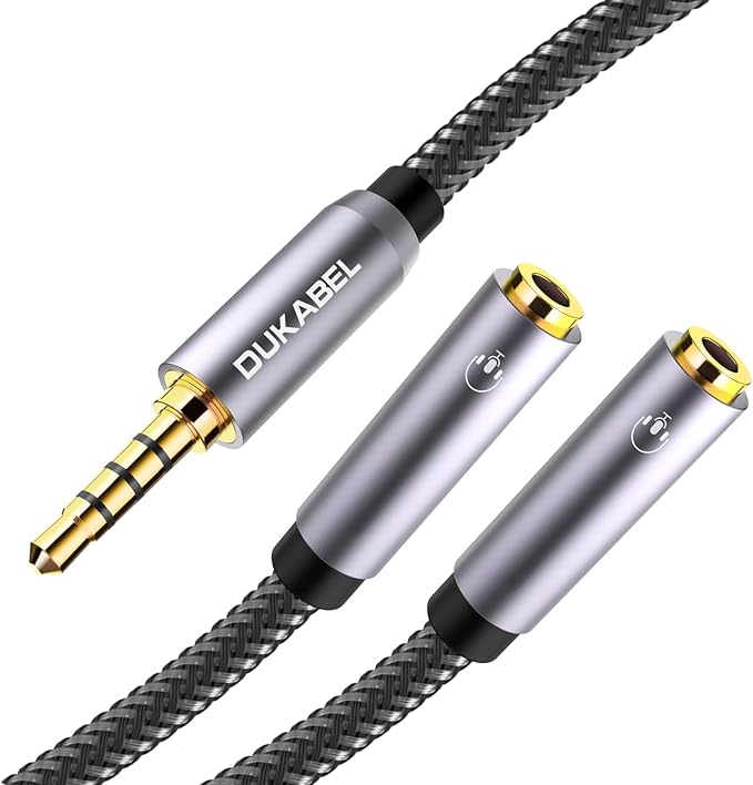 DUKABEL Long Headphone Splitter (4ft / 1.2m) Shielded 4-Pole TRRS 3.5 Y Splitter Cable 2-Way Female to Male Headphone Adapter Stereo Audio/Crystal-Nylon Braided / 24K Gold Plated / 99.99% 4N OFC