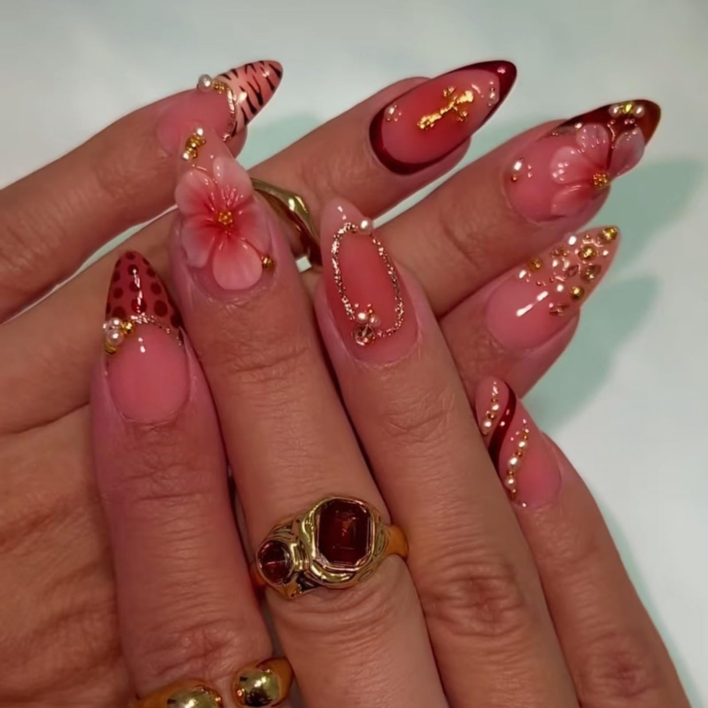 IMRAIN Almond Press on Nails, Medium Fake Nails, Peach Jelly 3D Flower Burgundy French, 30 Pcs Reusable Glue on Nails for Women, Salon Quality