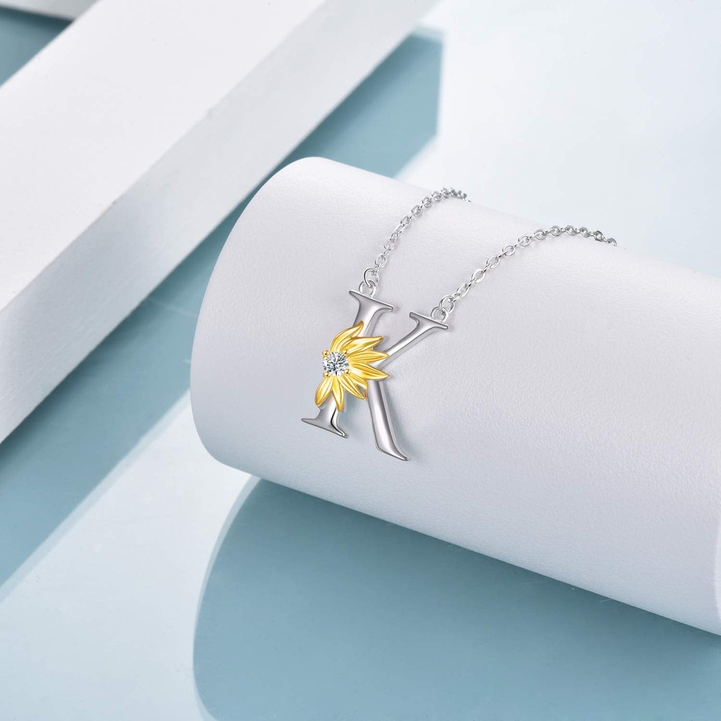 POPLYKE Sterling Silver Initial K Alphabet Letter Script Name Pendant Chain Necklace for Women for (Sunflower K)