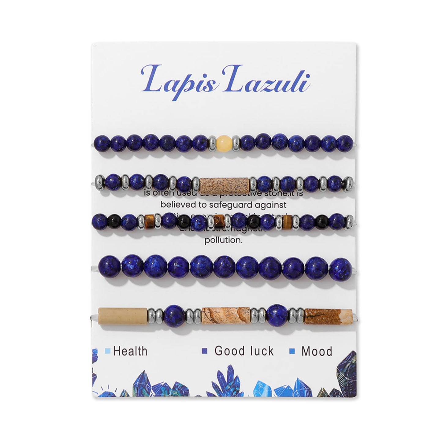 Lit Wall 5Pcs Lapis Lazuli Bracelet Set - Blue, Round, 4mm & 6mm, Adjustable, Stretch, No Metal, Unisex, 5 Count, Perfect for Occasions