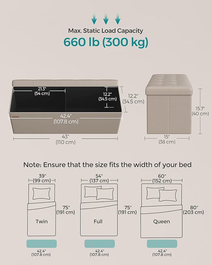 SONGMICS Mazie Collection - 43 Inches Folding Storage Ottoman Bench, Ottoman with Storage, Foot Rest Stool, Load 660 lb, for Living Room, Synthetic Leather, Camel Brown ULSF070K03