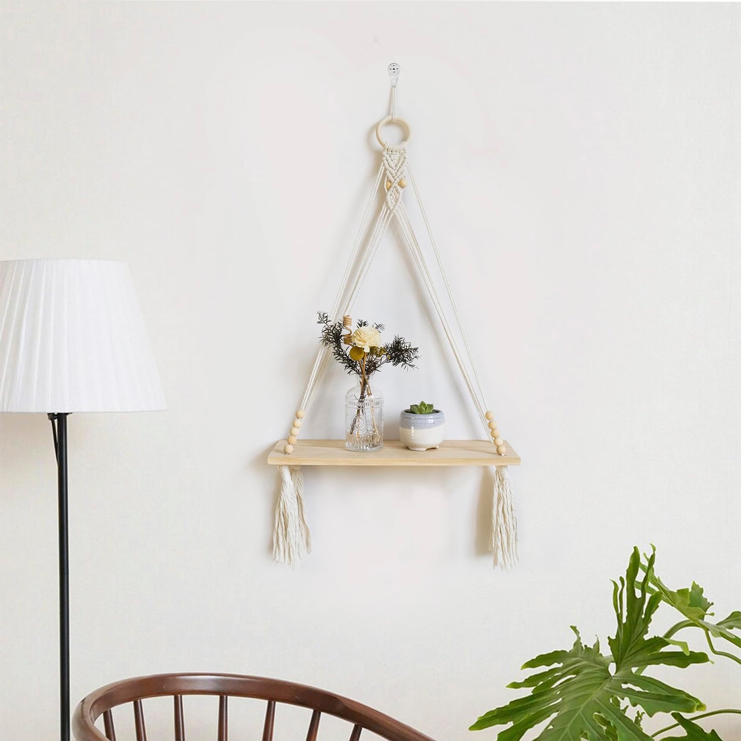 HVEST Macrame Wall Hanging Shelf Boho Wall Decor Floating Storage Book Shelf Beige Handmade Woven Tapestry for Bedroom Living Room Dorm Nursery Bathroom Wall Art Macrame Plant Hanger
