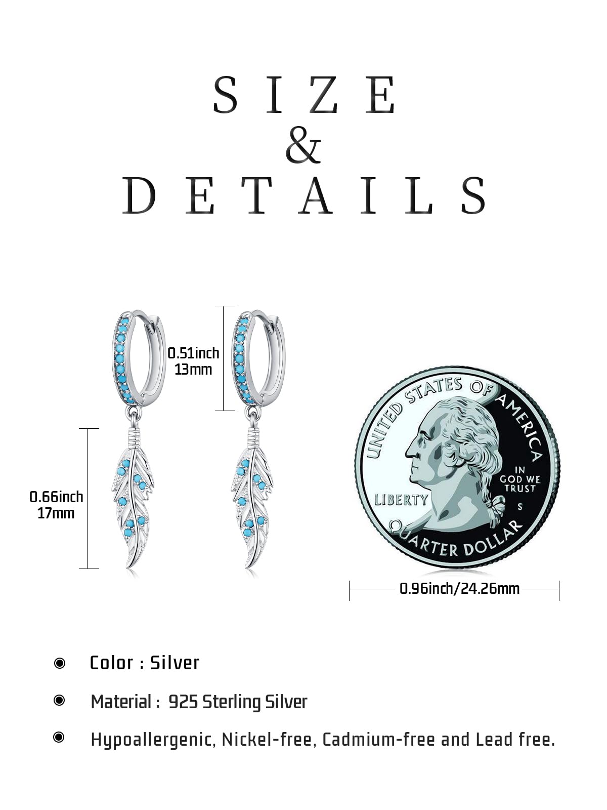 Feather Turquoise Earrings 925 Sterling Silver Bohemian Dangle Earrings Western Jewelry Native American Gifts for Women