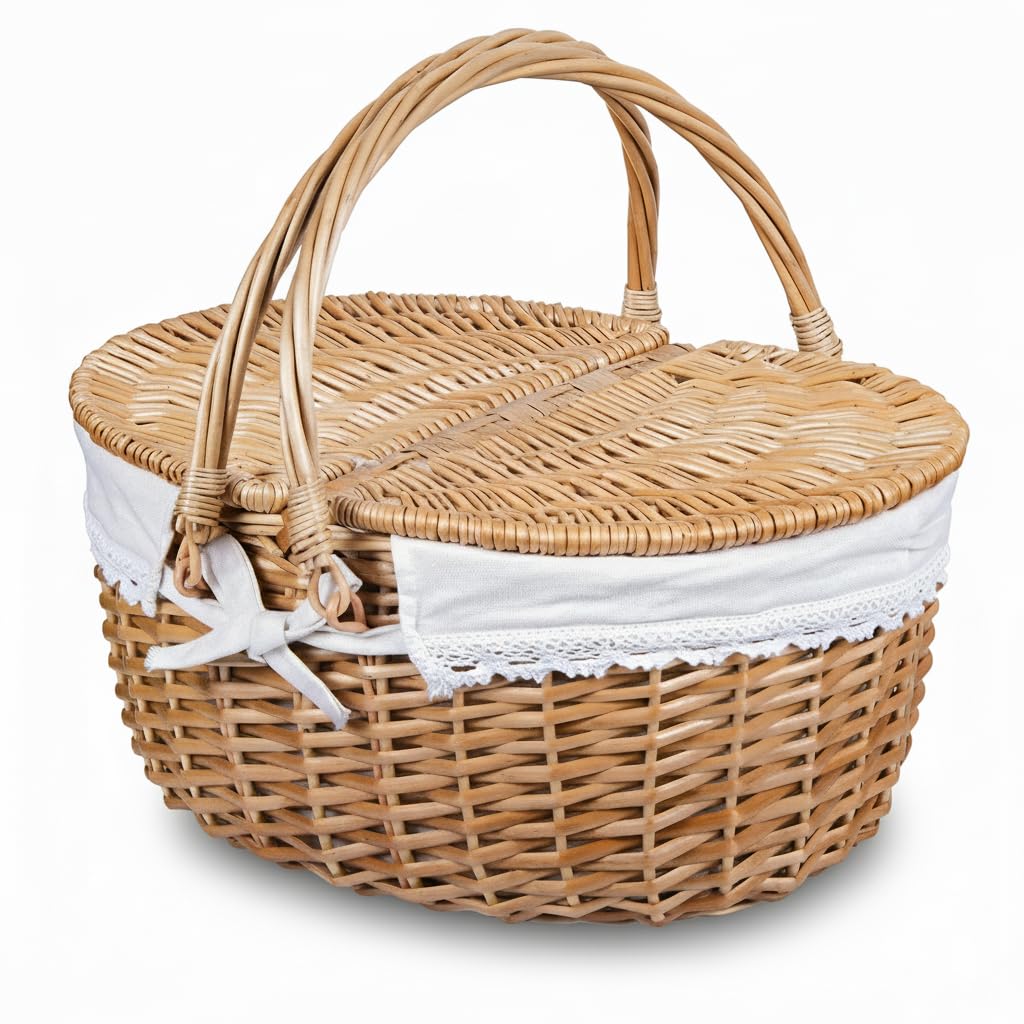 Wicker Picnic Basket with Lid and Handle 15" Sturdy Woven Body with Washable Lining for Easter,Mother's Day,Outdoor Camping,Not Dyed