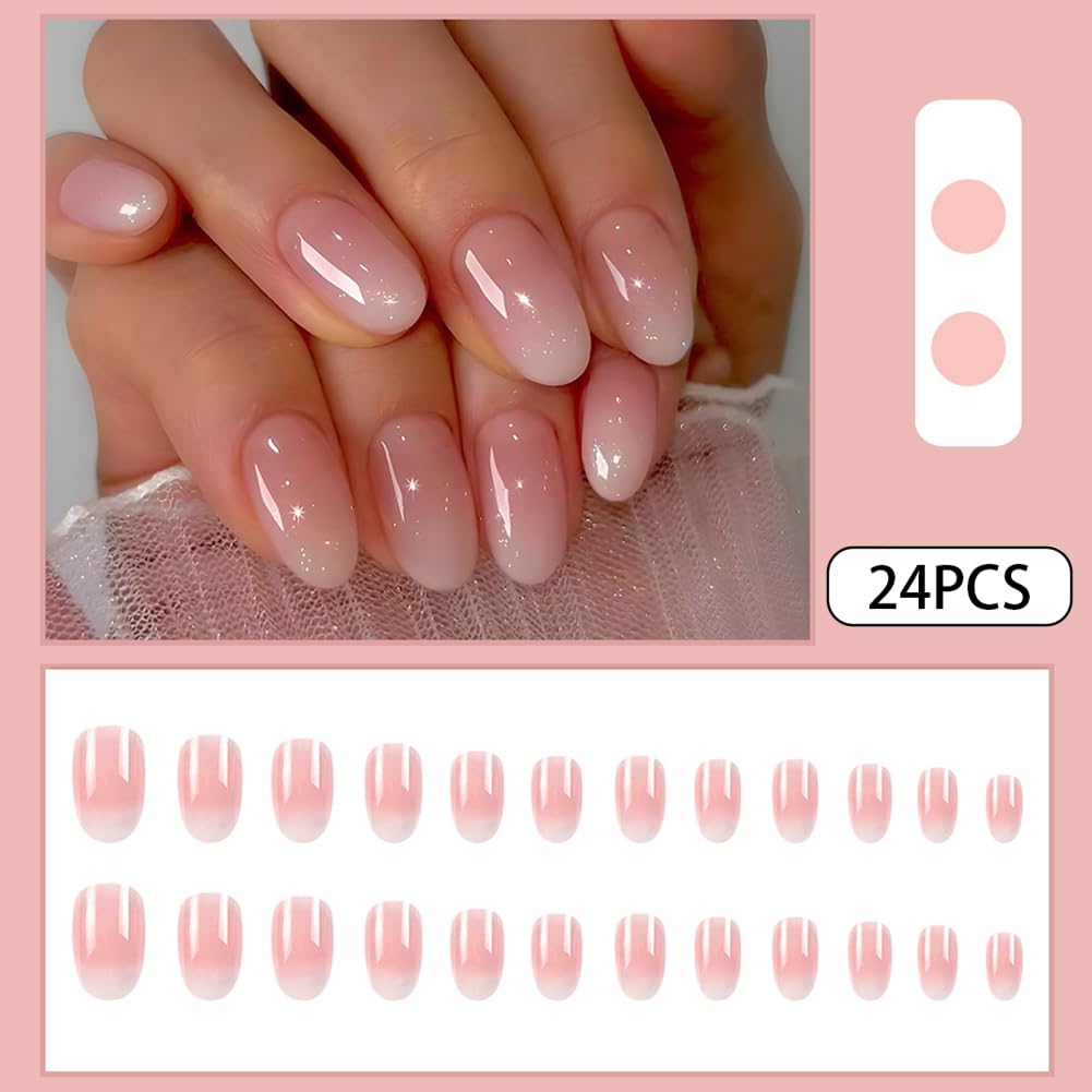 Almond Medium Round Pink Ombre False Nails - 24pcs Press On Acrylic Nails with Gloss Designs