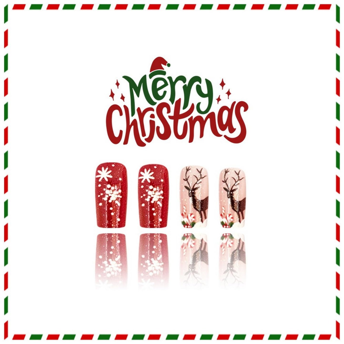 Christmas Press on Nails Medium Square Fake Nails Christmas Tree Acrylic Nails Elk and Snowflake Xmas Tree Glue on Nails for Women Nails Manicure Decoration 24 Pcs