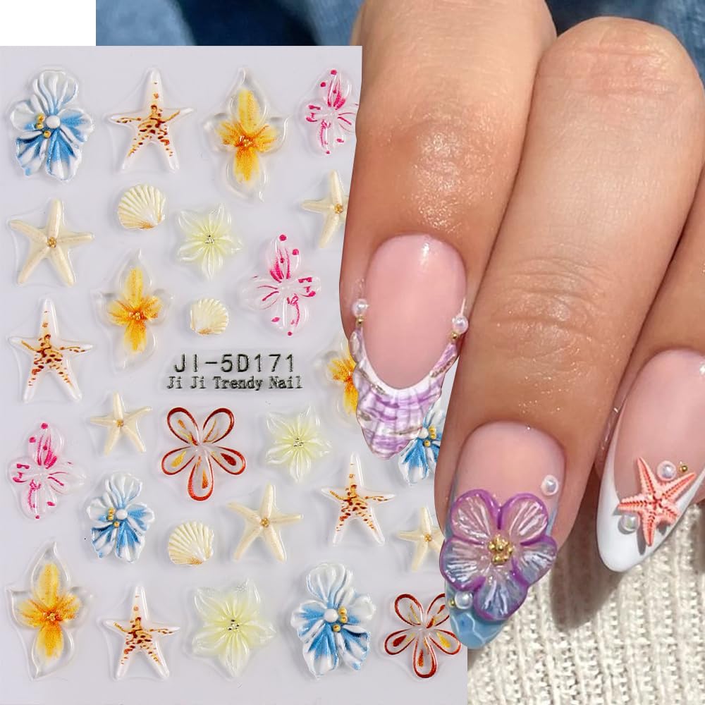 SIMAYKUWA Summer Ocean Nail Stickers | 3D/5D Ice Flower Press-on Designs | Waterproof Nail Art for Beach & Pool Parties | European & American Styles A Set of 3 Sheets