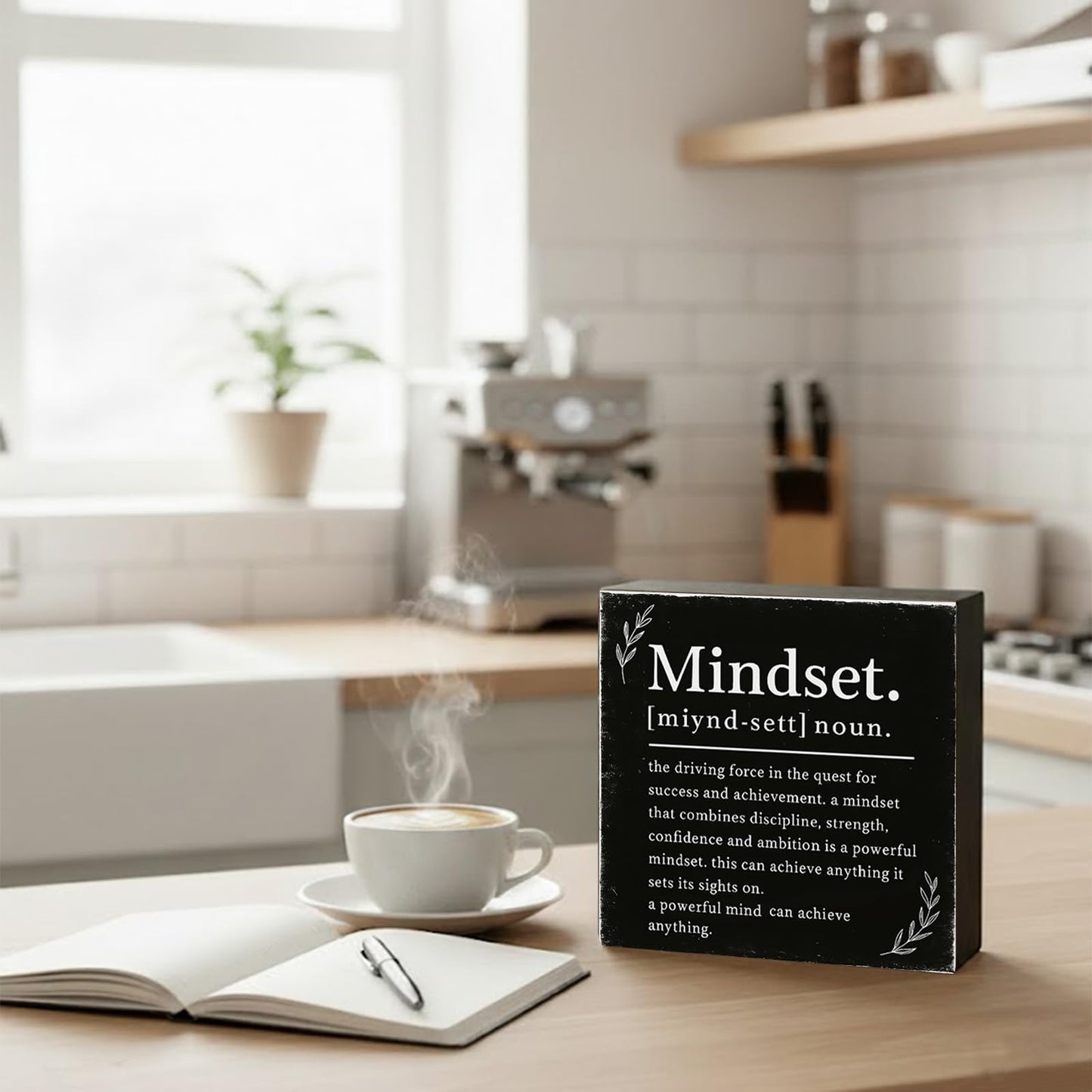 Mindset Definition Wood Box Sign - Inspirational Quote Decor for Desk and Shelf - Motivational Growth Mindset Block for Home Office, 5x5 Inch(Black)