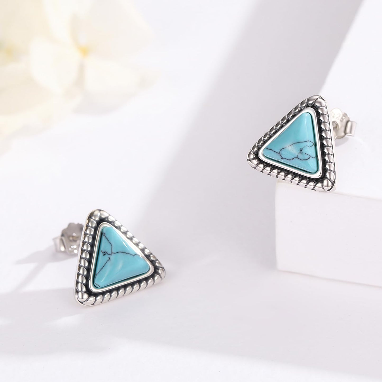 AOVEAO Triangular Turquoise Stud Earrings S925 Sterling Silver Vintage Braids Blue Gemstone Bohemian Ethnic Tribal Jewelry for Women Graduation