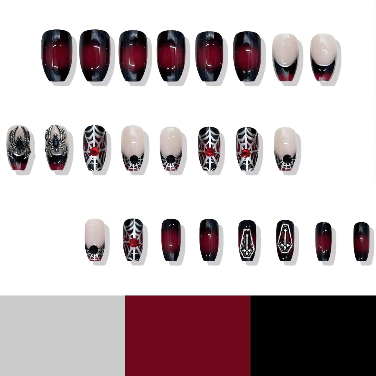 IMSOHOT Halloween Medium Coffin Press on Nails, Black Red Ombre with 3D Spider Glossy Acrylic Nails, 24PCS