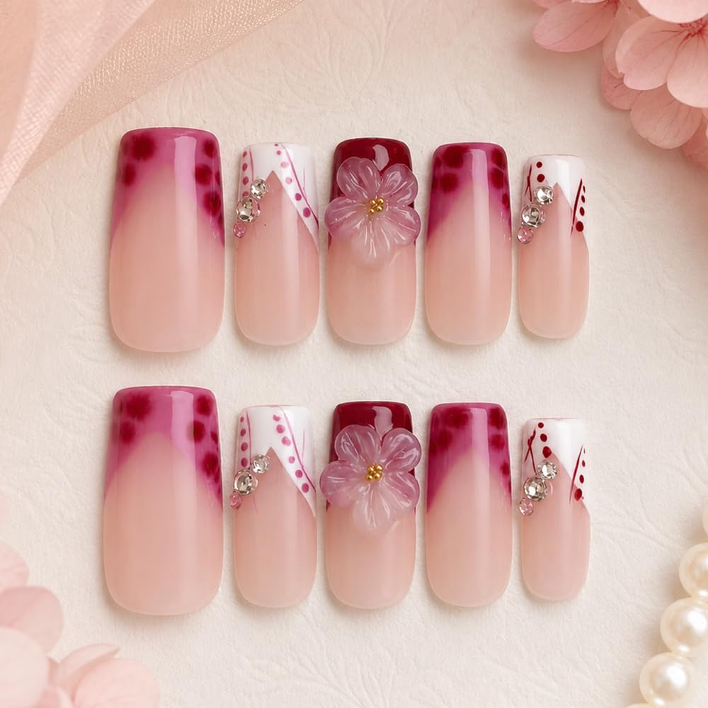 2IM Studio Handmade Press On Nails – 10 Piece Soft Gel Nail Kit with Glue & Tool Set, Reusable Artisan Nails, Salon-Quality Finish (Cherry Veil-S)