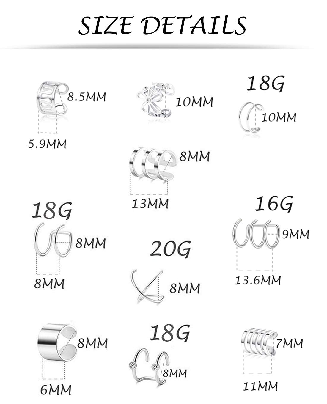 Tornito 4-10 Pairs Stainless Steel Ear Cuff Helix Cartilage Clip On Wrap Earrings Fake Nose Ring Non-Piercing Adjustable (A0:10 Pairs, Silver)