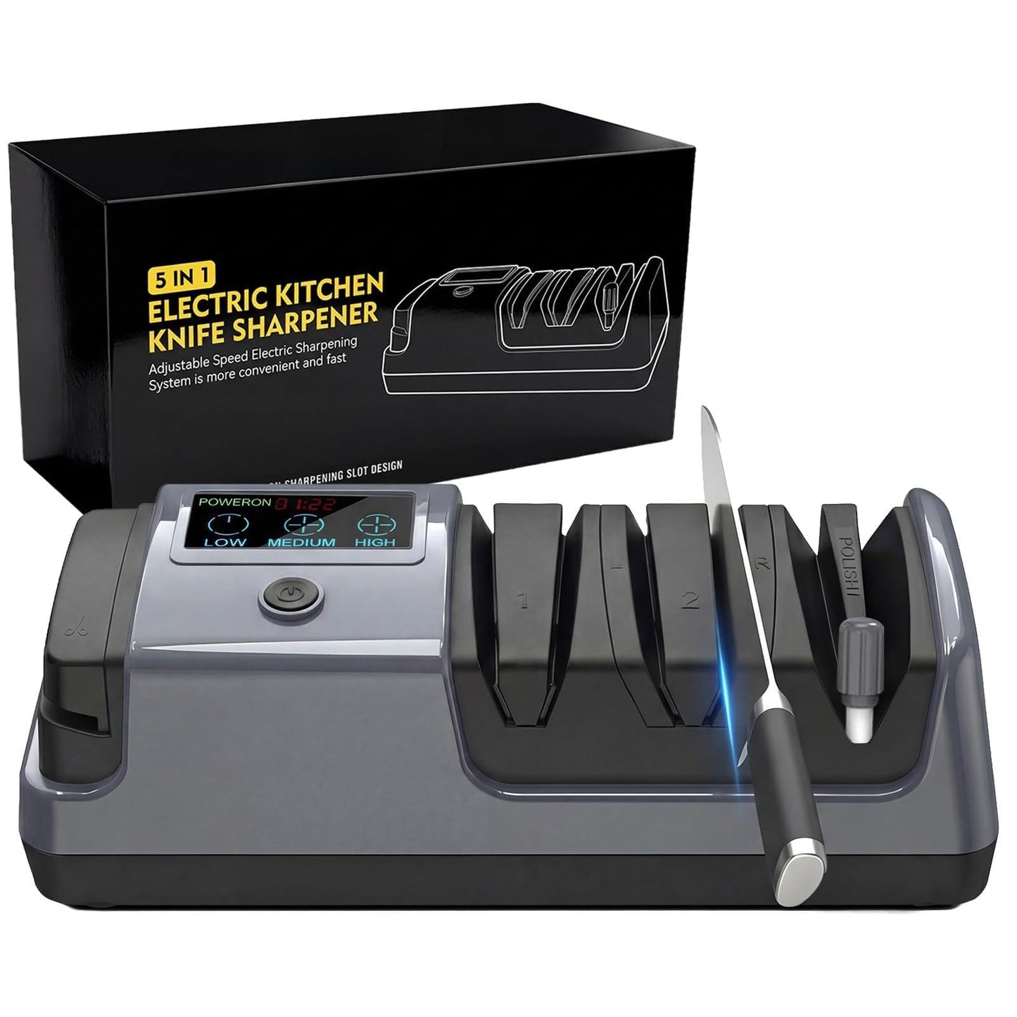 5-in-1 Electric Knife Sharpener for All Knives – Diamond Abrasive Sharpener with 3 Speeds & LCD Display | Sharpens Straight, Serrated, Kitchen Knives & Scissors | Automatic, Safe, Easy to Use (gery)