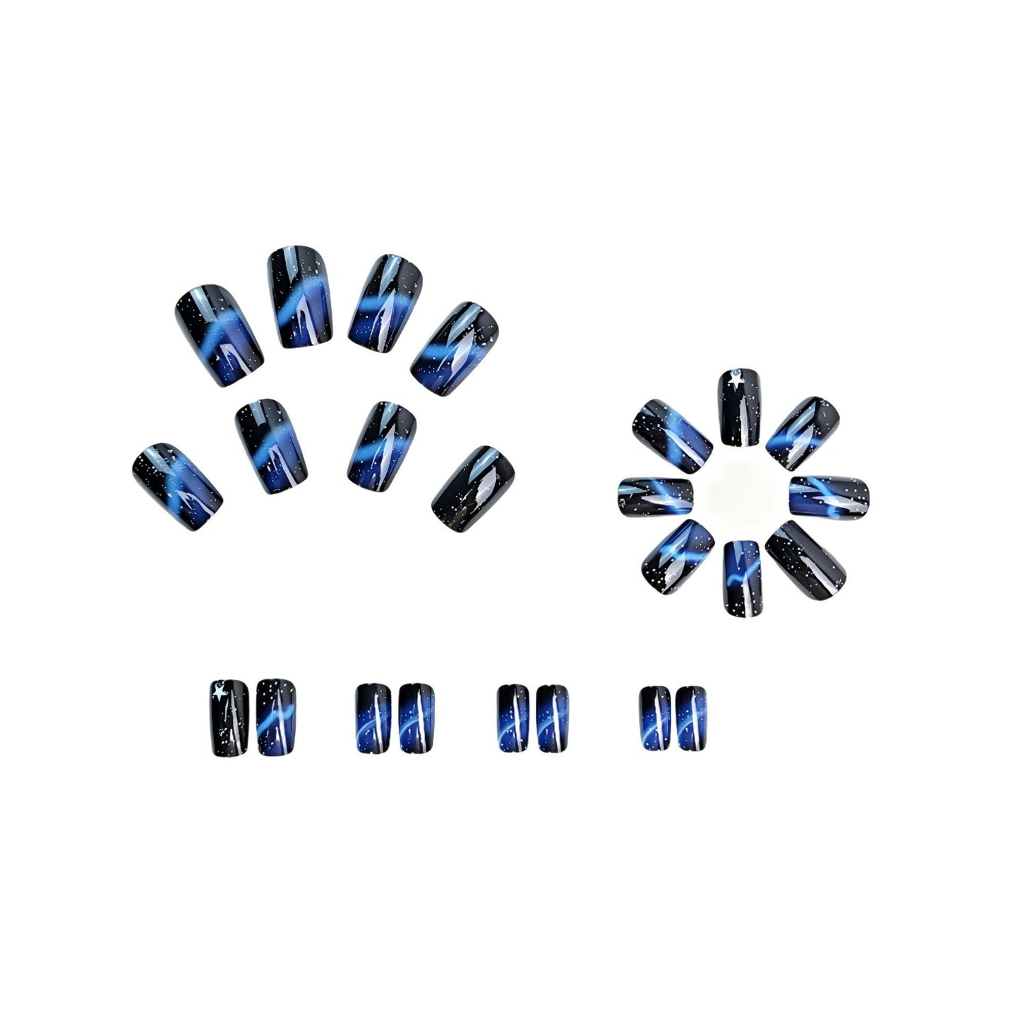 Star Press on Nails Short Square Fake Nails Black Acrylic Nails Glitter Artificial Nails Blue Line Stripes Glue on Nails Glossy Stick Nail for Women Manicure 24Pcs