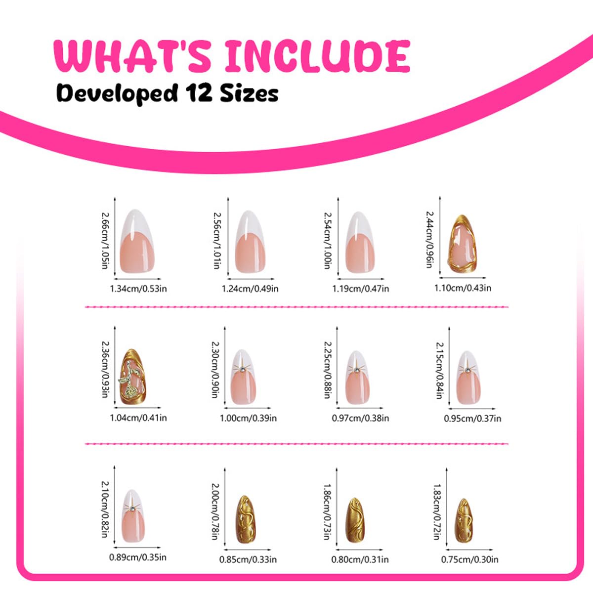 Gold Press on Nails Medium Almond Fake Nails French Nails Press ons with Gold Rose Charm Design Reusable Artificial Nail Full Cover Glue on Nail Stick on Nails for Women Manicure 24Pcs