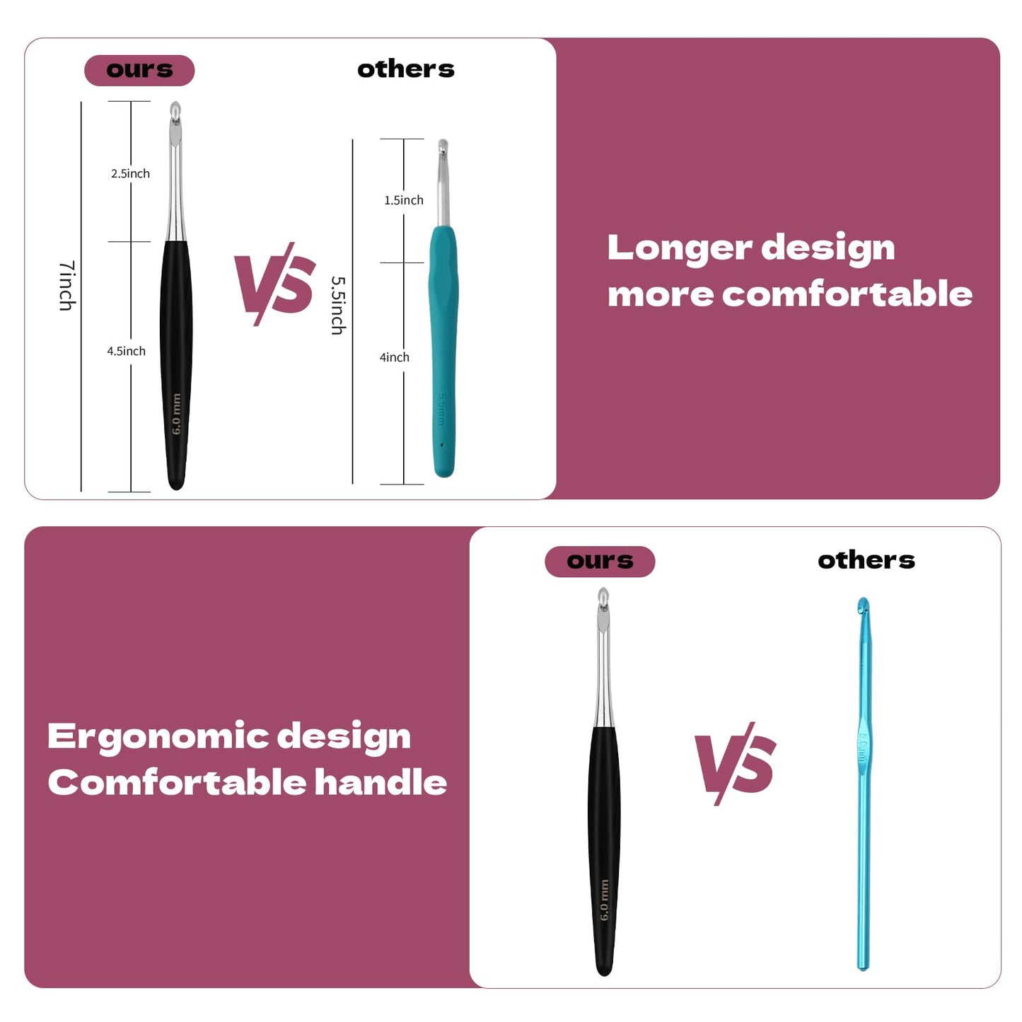 WAZAIGUR Wooden Handle Inline Ergonomic Crochet Hooks Set, 9 Sizes 3.5mm-8mm, Black Crochet Hooks for Arthritic Hands