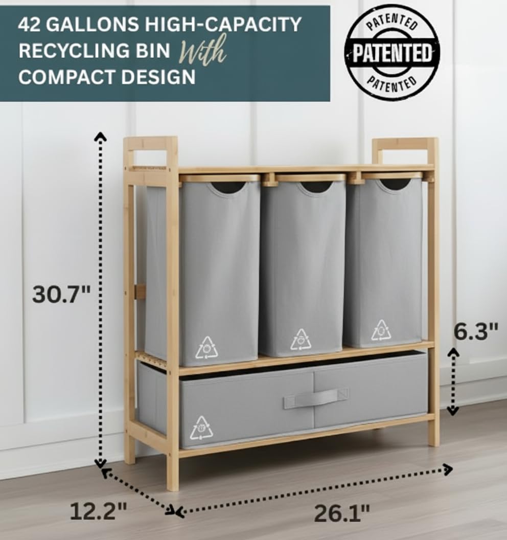 Terratur 4 Section Recycling Bin for Kitchen – Trash and Recycle Bin Combo for Paper, Plastic, Cans – Indoor Recycling Station – Large Kitchen Trash Can – Office Trash and Recycle Bin Organizer