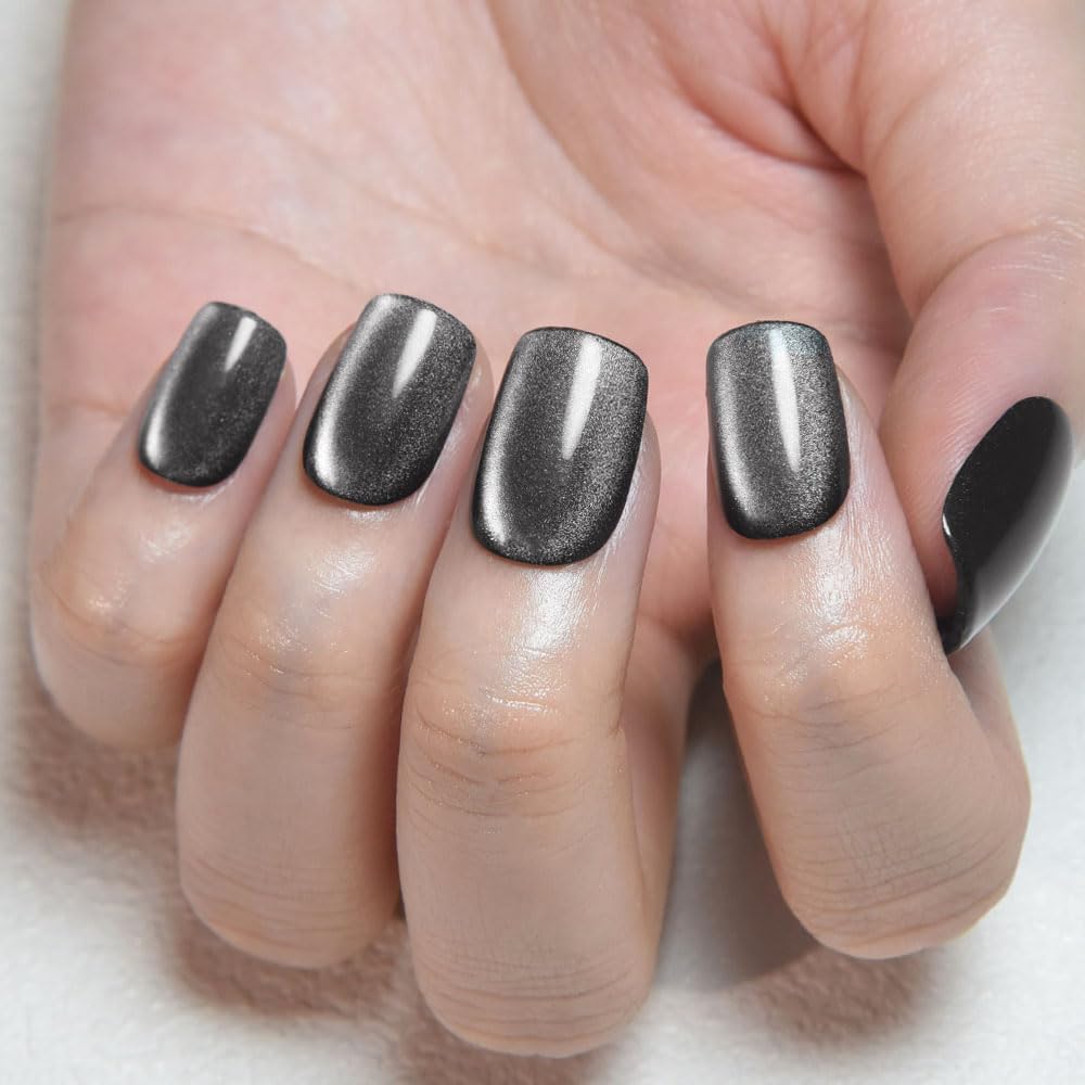 evpct Black Silver Cat Eye Press on Nails Short Square No Glue, Short Square Stick on Nails for Women Gift, Silver Grey Gray Metallic Glitter Shimmer Reusable Press on Acrylic Fake Nail with Design