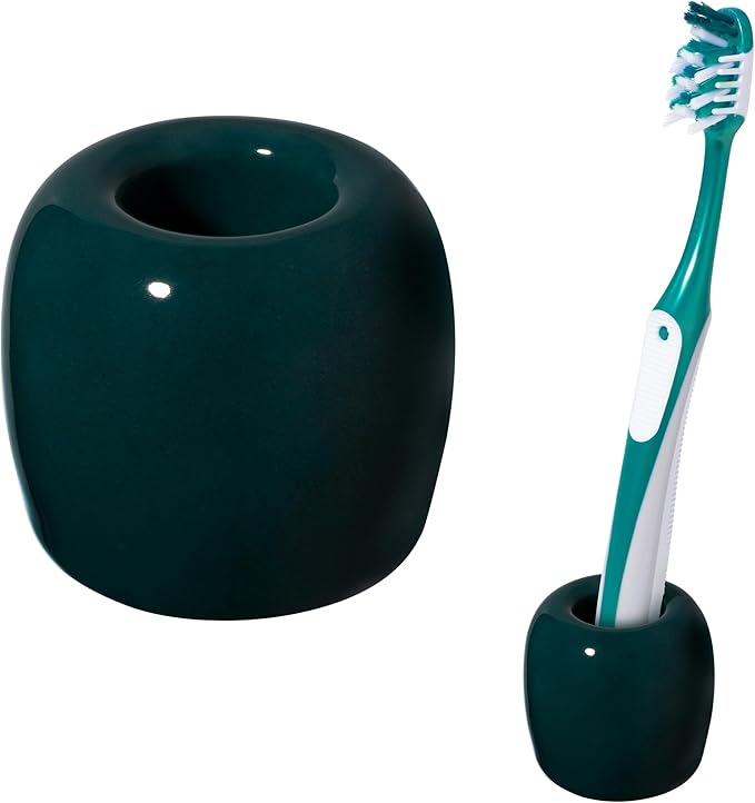 Urbanstrive Ceramic Toothbrush Holders for Bathrooms, Sleek Tooth Brush Holder Toothbrush Stand Tooth Brushing Holder, Portable Bathroom Accessories Organizer, Dark Green, 1 Pack