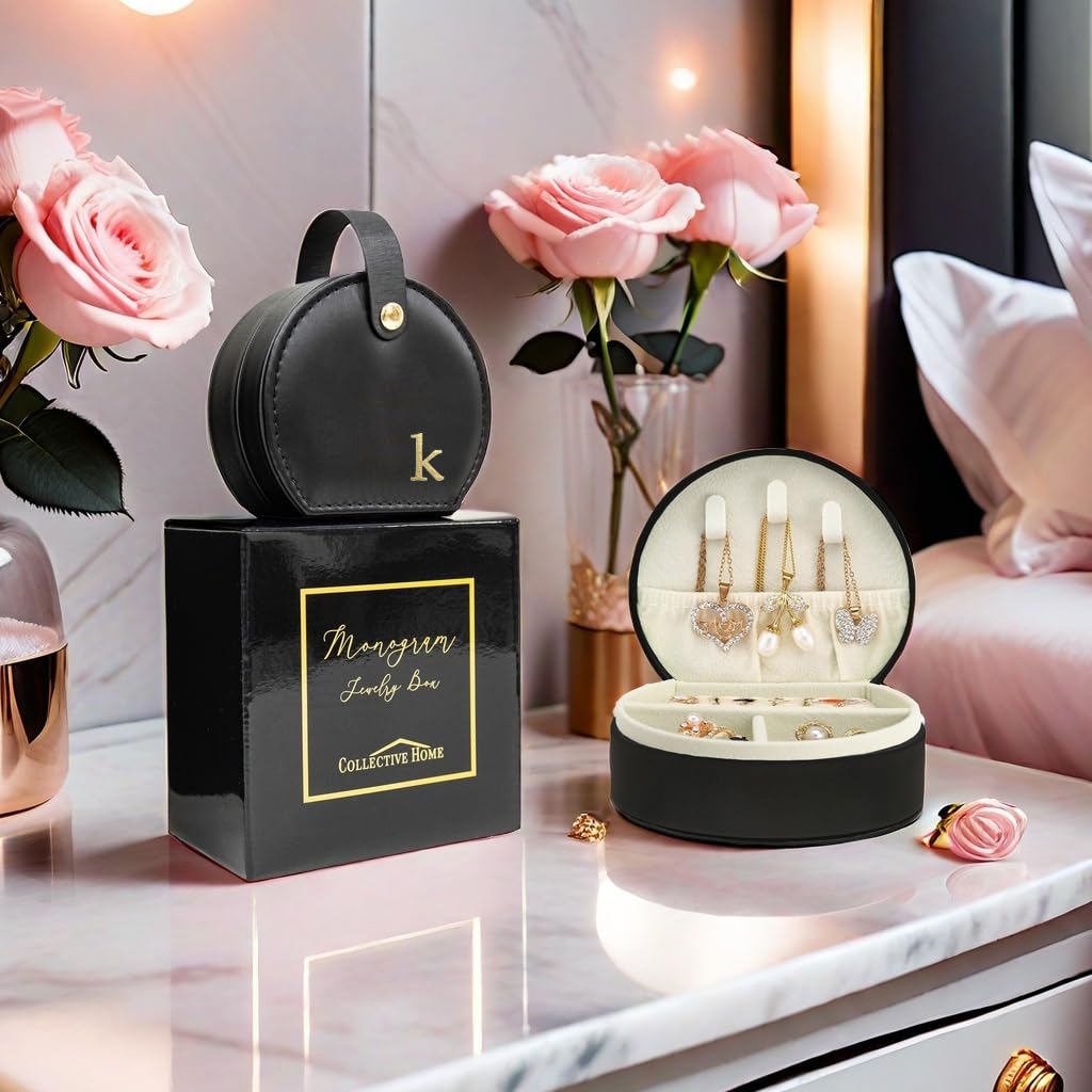 COLLECTIVE HOME - Travel Jewelry Case, Elegant Half-Moon Design with Gold Monogram, Detachable Handle, Personalized Accessory Organizer, Gift for Fashion-Forward Women and Teens, Black (k)