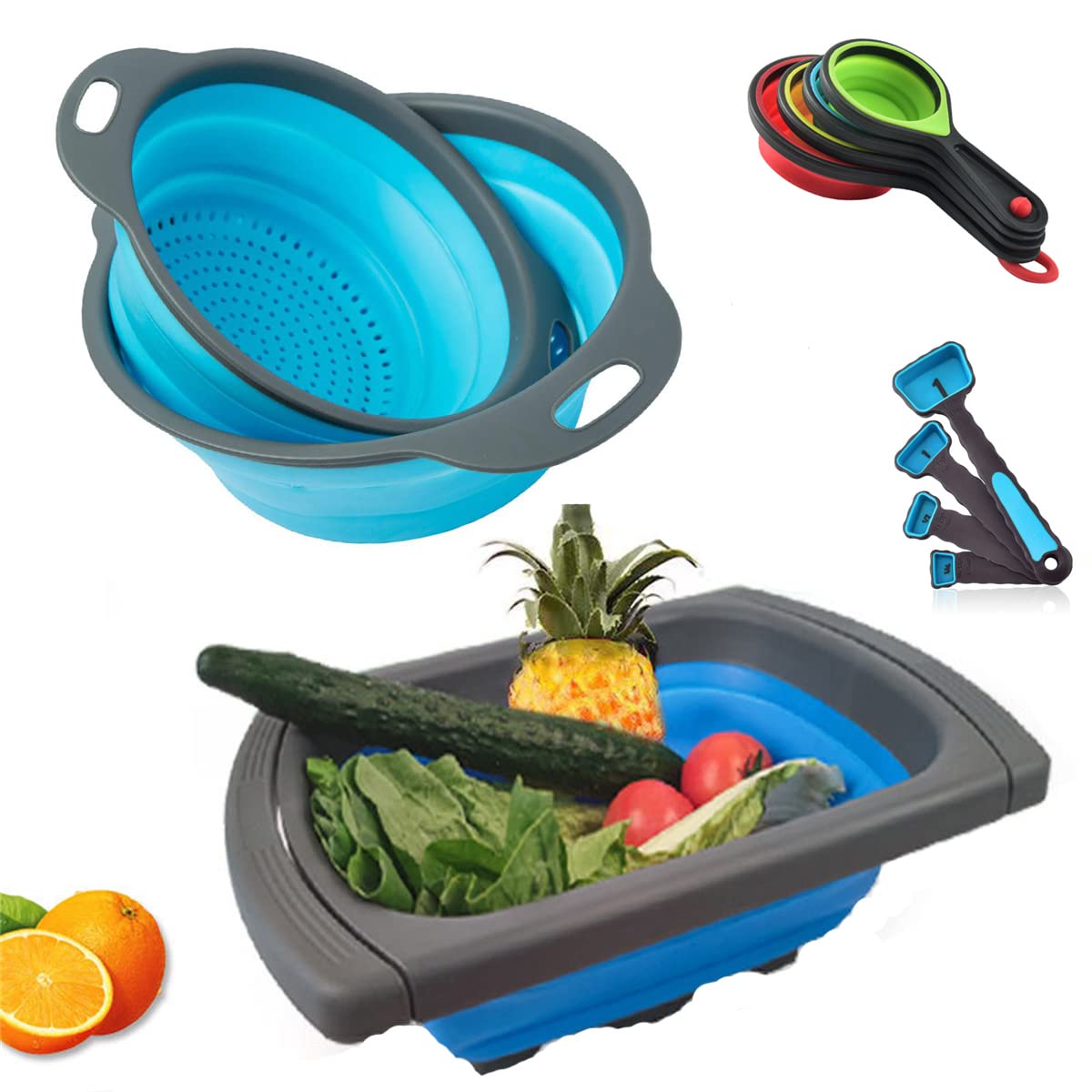 CdyBox New Version 11Pack Silicone Kitchen Strainer Collapsible Colander with Foldable Silicone Measuring Spoon Measuring Cup Kitchen Good Tools (Blue) 9.6 * 1.1