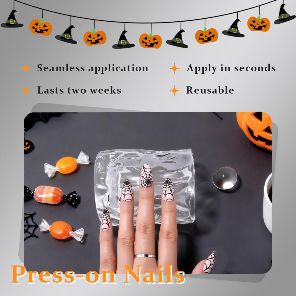 Nude Pink Halloween Press on Nails Short Almond with Cobweb Designs, Short Almond Artificial Fake Nails with Spider Web Design, Perfectly Fit Full Cover Glossy Stick on Ghost Nail for Women Girls