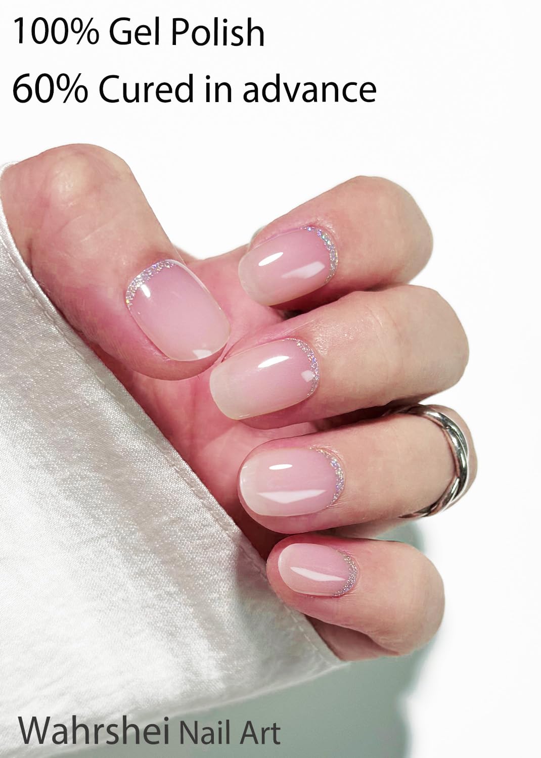 Semi Cured Gel Nail Strips, No LED Lamp Needed, Pink Ombre Glitter Gel Nail Stickers, Wraps for Home Manicure DIY