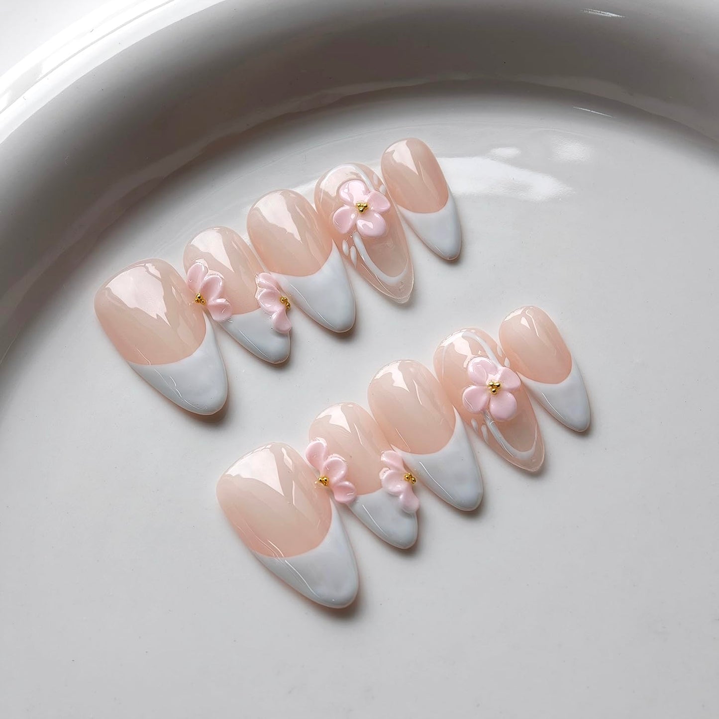 French Tip Press on Nails Handmade Medium Almond 3D Thick Acrylic Nails White False Nails with Flower Gold Ball Designs Elegant Glossy Fake Nail Sturdy Art Press on Nail 10Pcs(M)