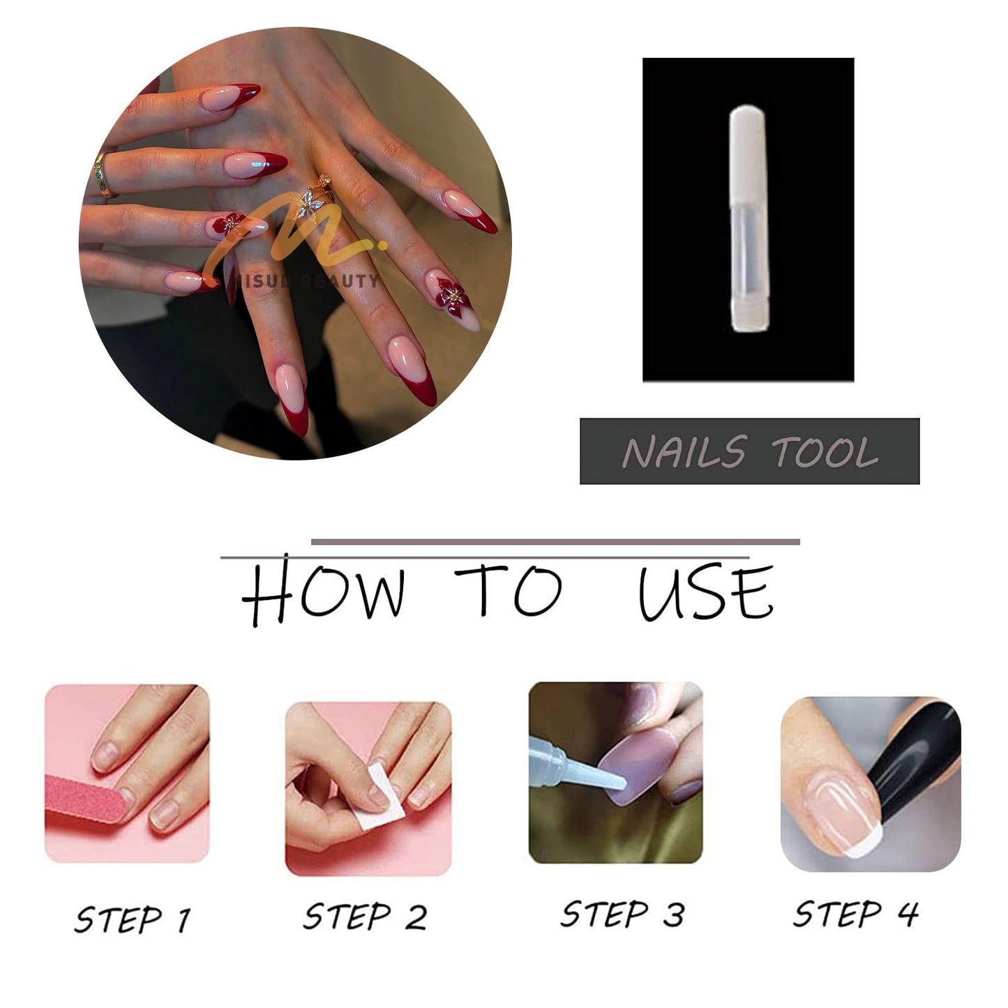 MISUD Press on Nails - Medium Almond Glue on Nails with Red French Tip, Acrylic Flower Design 24 pcs