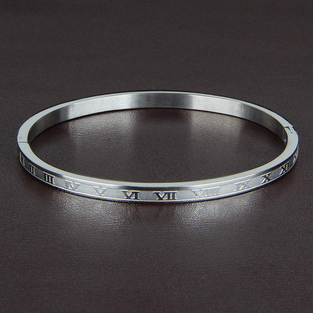 Jarlinwel Gold Silver Plated Bracelets for Men Women Roman Numeral Bangle Bracelet Stainless Steel Personalized Engraved Unisex Gift (Silver 4mm Womens)
