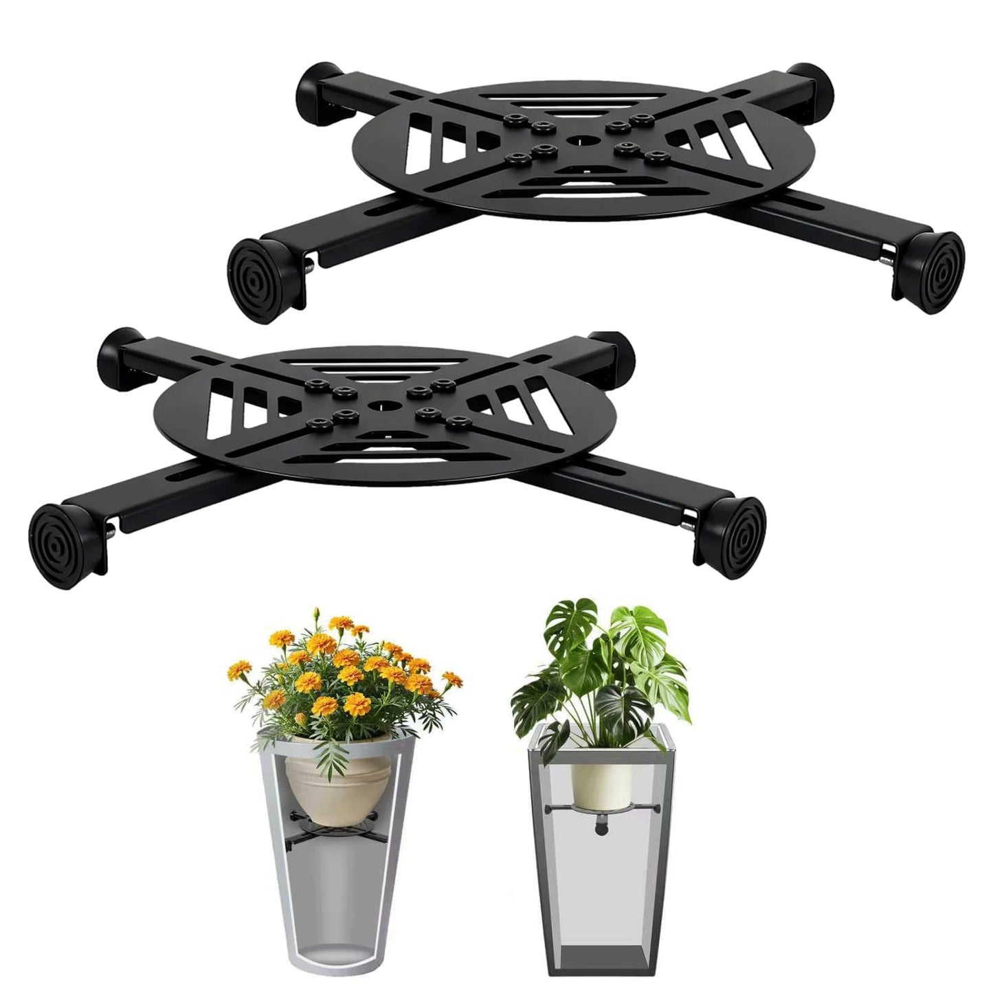 Adjustable Plant Risers for Inside Pots-100lb Heavy Duty Metal Plant Riser with Rubber Feet, Easy Assembly, Fits Round/Square/Tapered Pots, Indoor Outdoor Use (Adjustable Size Range:10-14"- 2Pack)