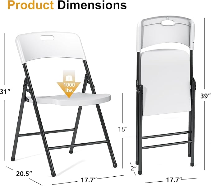 12 Pack Folding Chairs, 700lbs Capacity Heavy Duty Folding Chair with Reinfoced Steel Frame for Indoor/Outdoor Use, White Plastic Foldable Chairs for Party, Patio, Meeting, Wedding and School