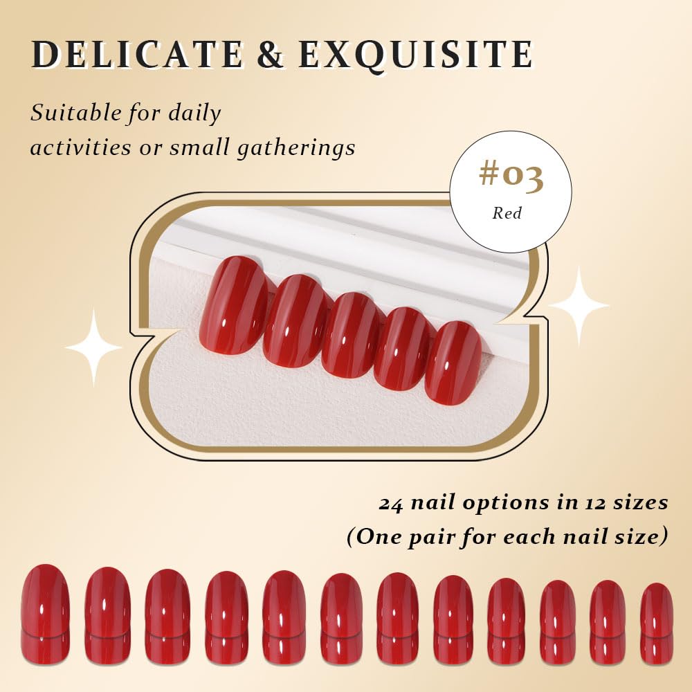 evpct Red Medium Oval Glossy Press on Nails for Women Gift, Glossy Red Fake Nail with Nail Kit Manicure Kits, Soft Gel Full Cover Reusable Stick on Soft Acrylic False Nail Perfectly Fit