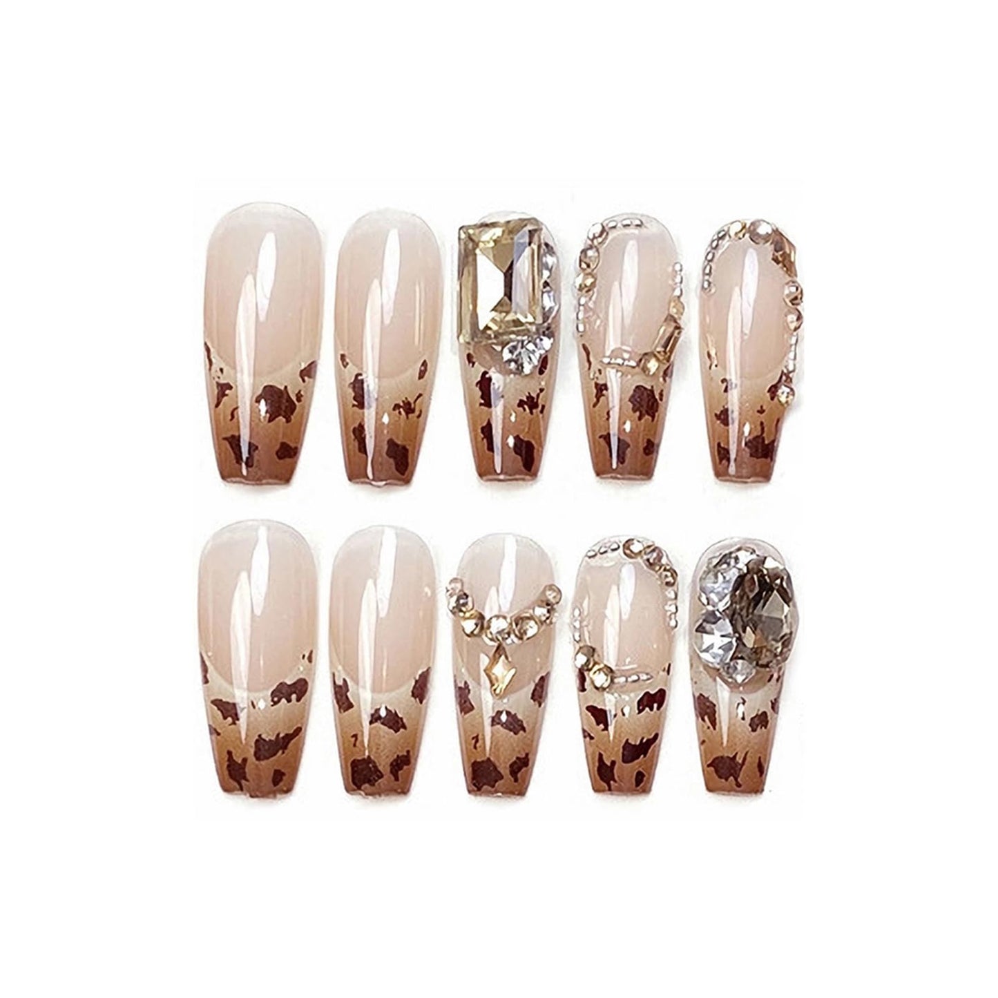 MISUD Press on Nails - Long Coffin Fake Nails with Fall Brown Cheetah, Acrylic Rhinestone Design 24 pcs