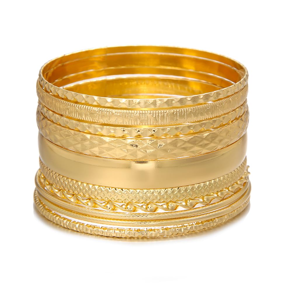 RINTOLER 10Pcs Gold Bangle Bracelets Set for Women - Stackable Textured Ethnic Style Indian Bollywood Bangles Boho Jewelrys for Women.(G set 10pc Gold)