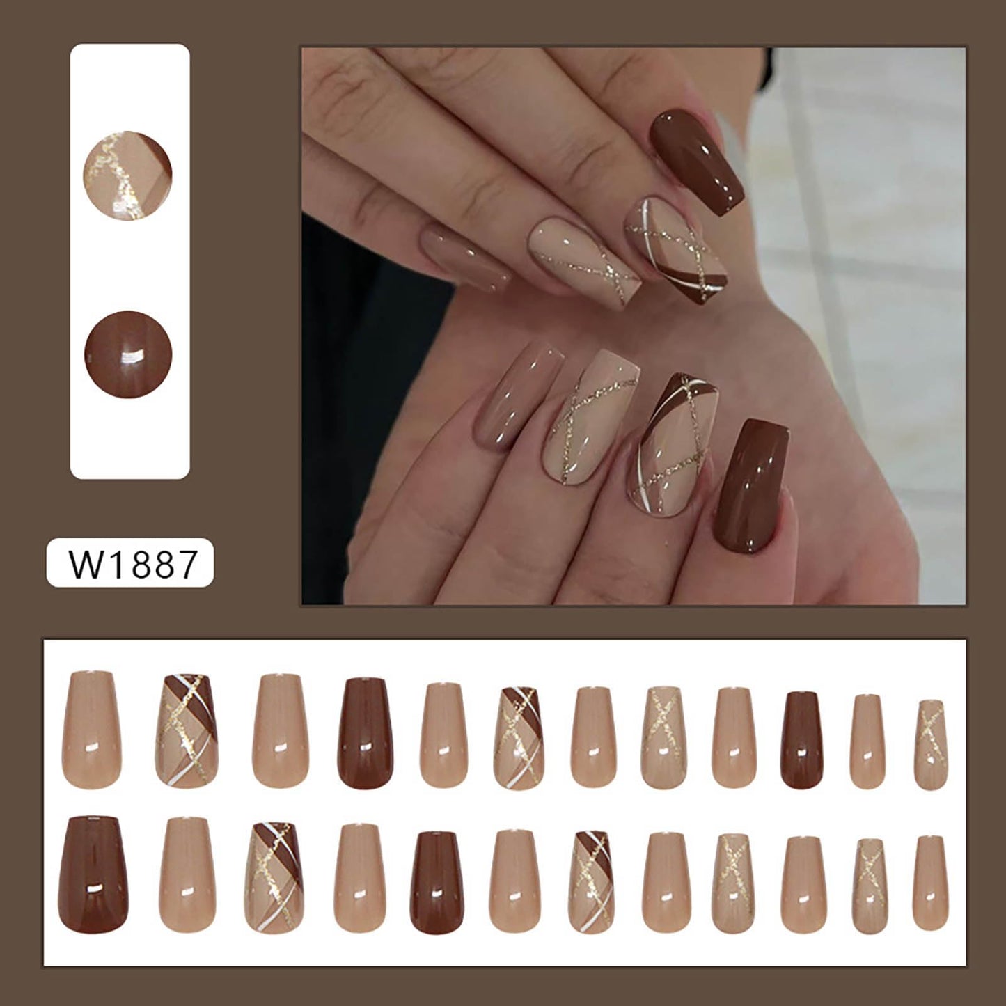 Square Press on Nails Medium Fake Nails Brown False Nails Press ons with Geometric Pattern Glitter Full Cover Acrylic Nails Stick on Nail for Women 24Pcs