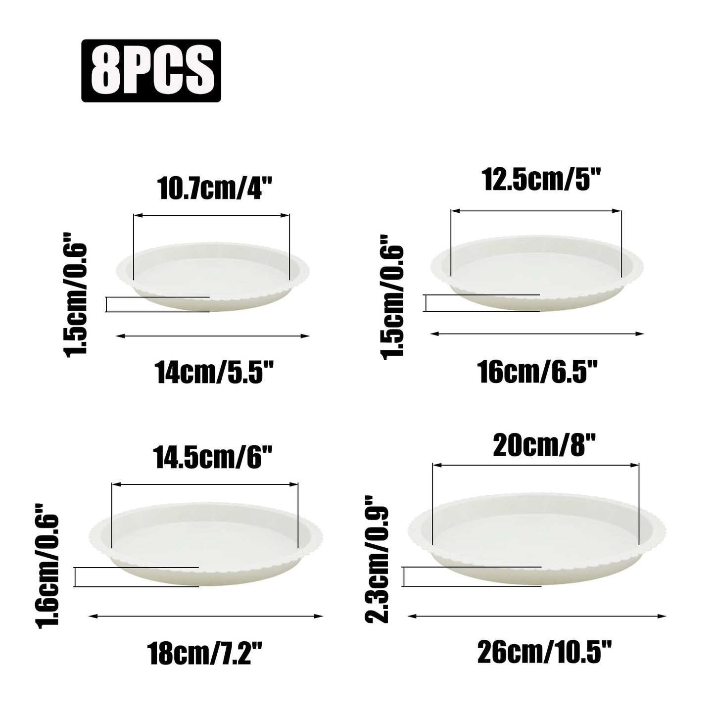 JAKOUE 4 Size Round lace Plant Saucer,6 Pack Pant Pot Trays, Plant Saucers for Indoors and Outdoors, Seed Starting Tray, Growing Trays,White（4",5",6",8"）