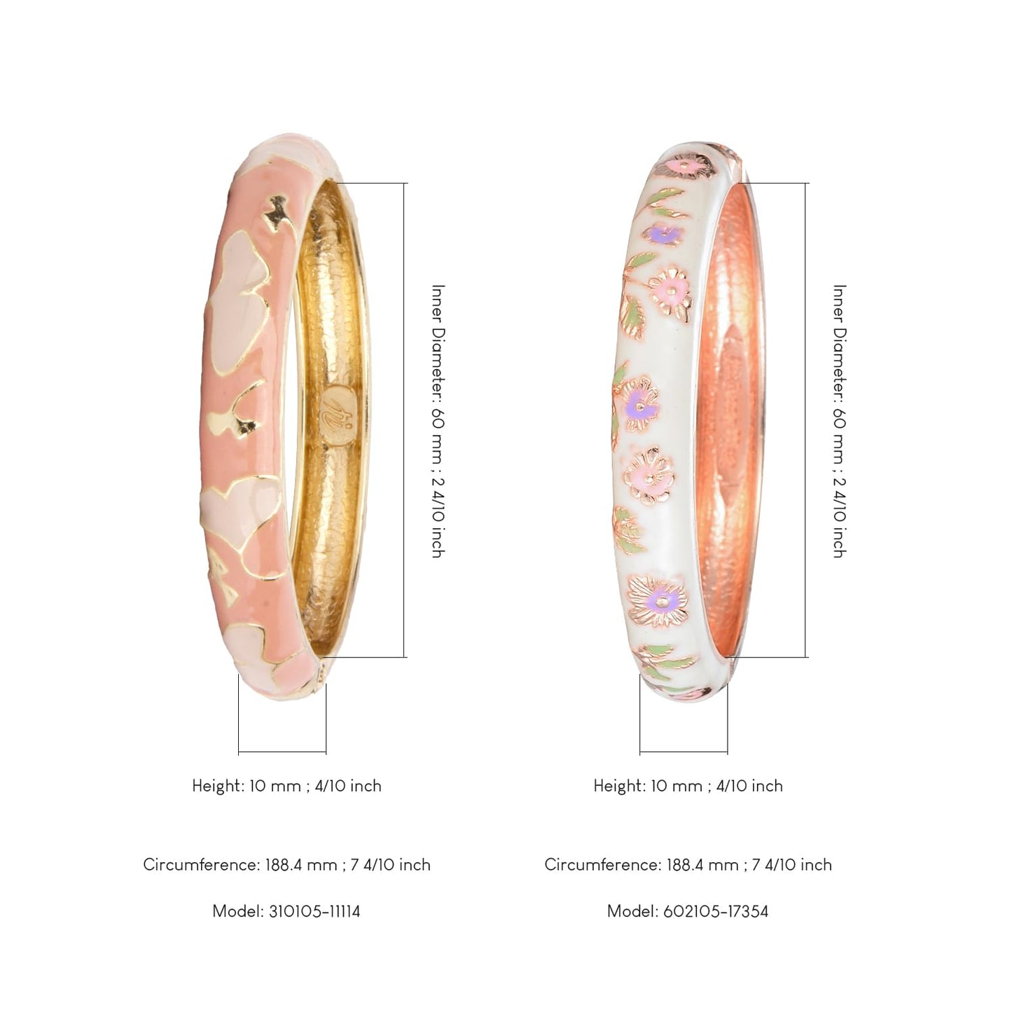 UJOY Elegant Bracelet Plated Enameled Jewelry Spring Hinge Metal Cuff Flower Heart Cloisonne Bangles Set Gift Box Packed 55A18-55A45 Cream Pink