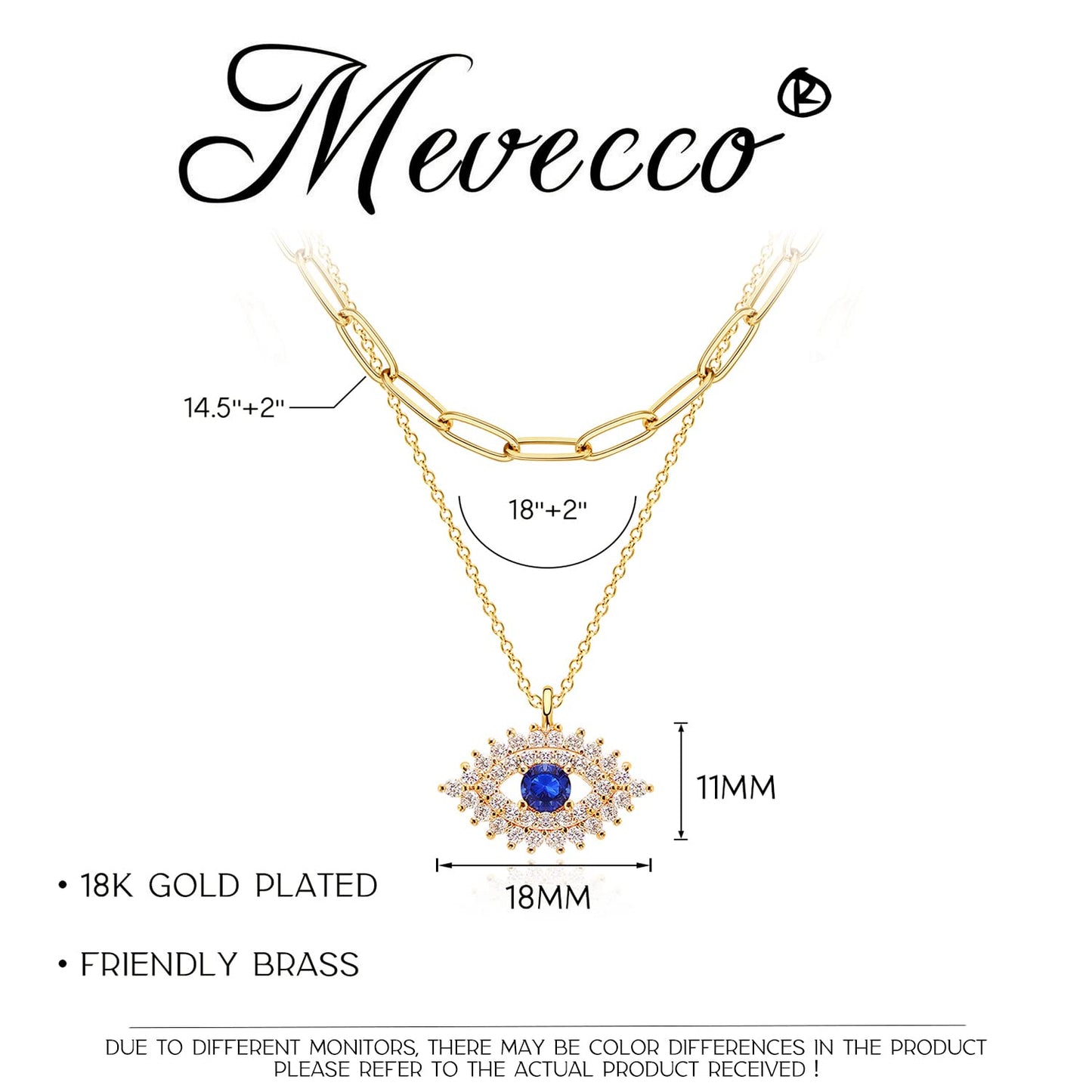 MEVECCO Layered Blue Evil Eyes Necklace Handmade 18k Gold Plated Dainty CZ Third Eyes Pendant Double Layer Lucky Necklace for Women