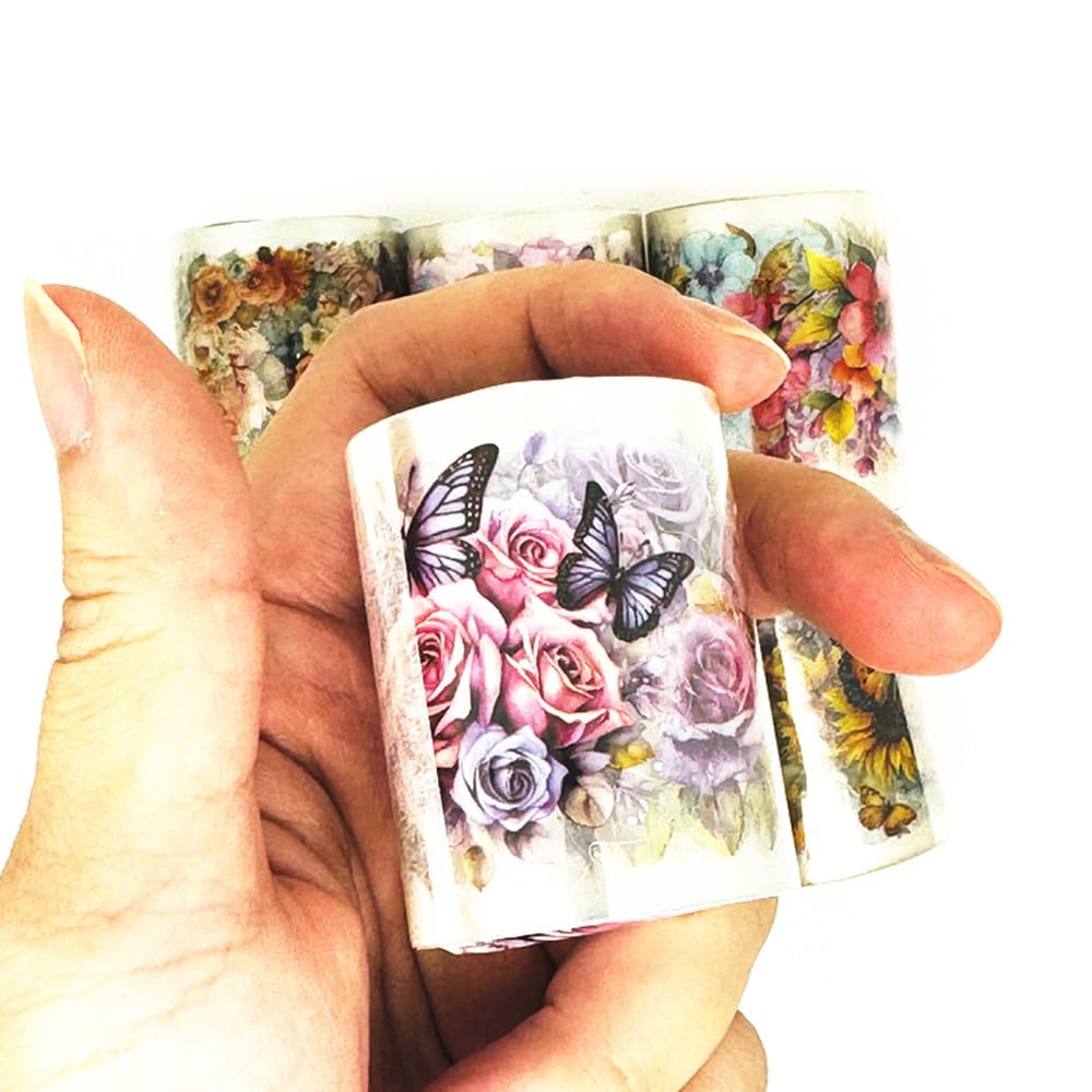 Koolemon 6Rolls Pre-Cut Floral Tape, Decorative Tape PET Flower Stickers for Crafts Journaling Scrapbook Supplies