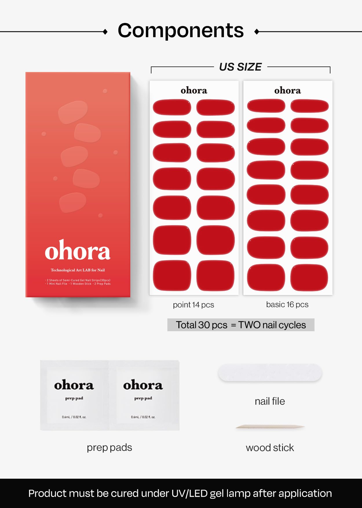 Ohora Semi Cured Gel Nail Strips (N Hot Cherry) - Salon-Quality, Long Lasting, Easy to Apply & Remove - Includes 2 Prep Pads, Nail File & Wooden Stick