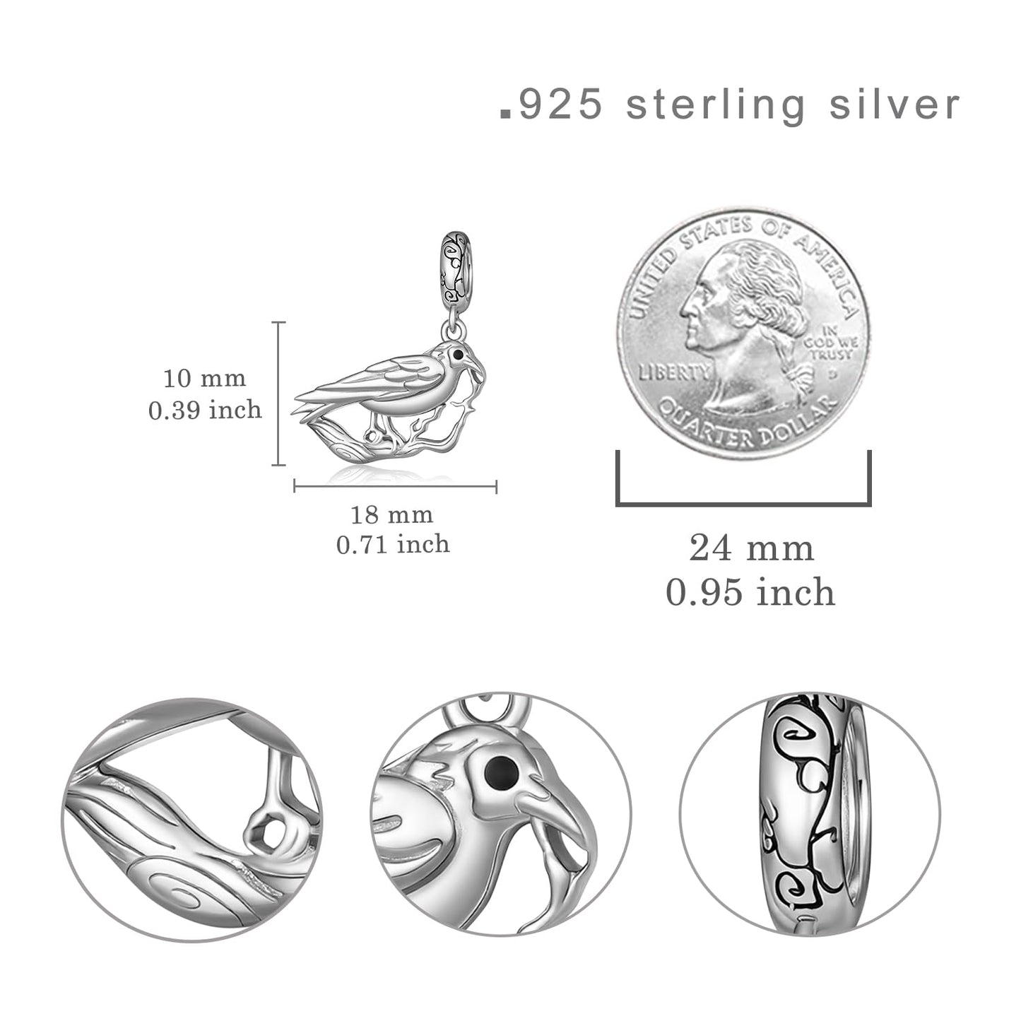 Lieditia Animal Charms for Bracelets 925 Sterling Silver Raven Decor Crow Charm Ravens Accessories Crow Jewelry for Women