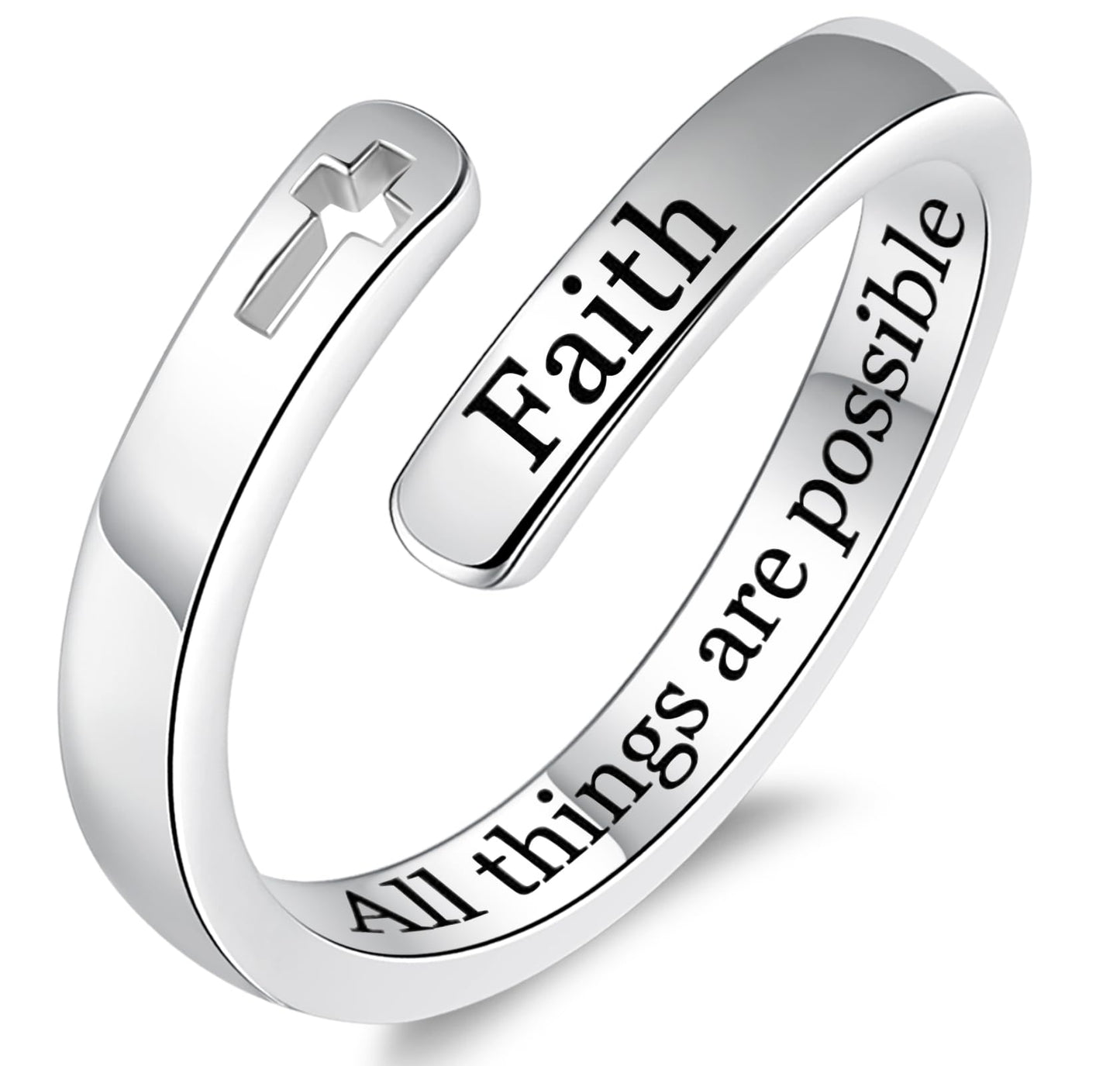 925 Sterling Silver Inspirational Jewelry Adjustable Wrap Open Ring Encouragement Gift for Women(Faith All things are possible)