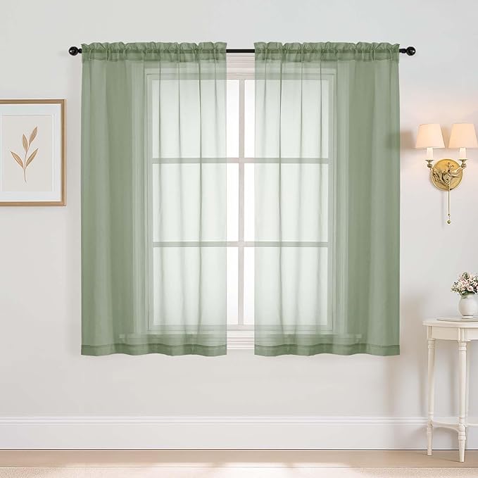 Sage Green Window Sheer Curtains 45 Inches Length, Voile Short Curtains for Living Room Bedroom, Modern Soft Window Drapes 2 Panels Set, Top Dual Rod Pocket Design, 2x42Wx45L Inches