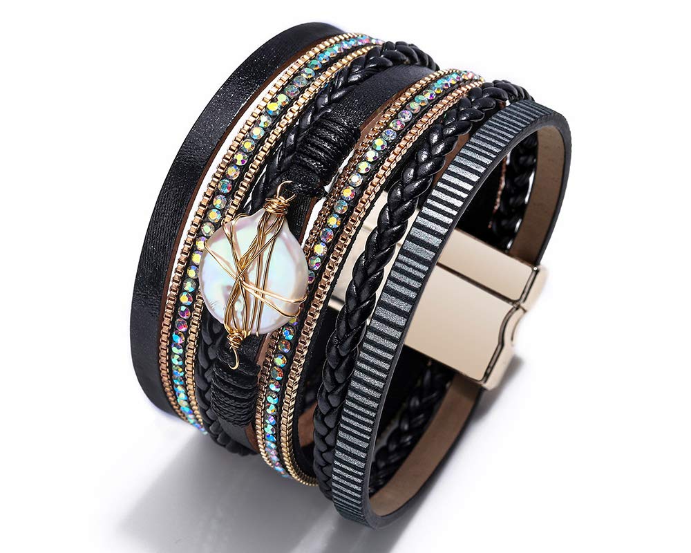 Fesciory Leopard Bracelet for Women, Boho Leather Wrap Multi-Layer Pearl Crystal Bracelet Bangle Jewelry(Round Pearl(Black))